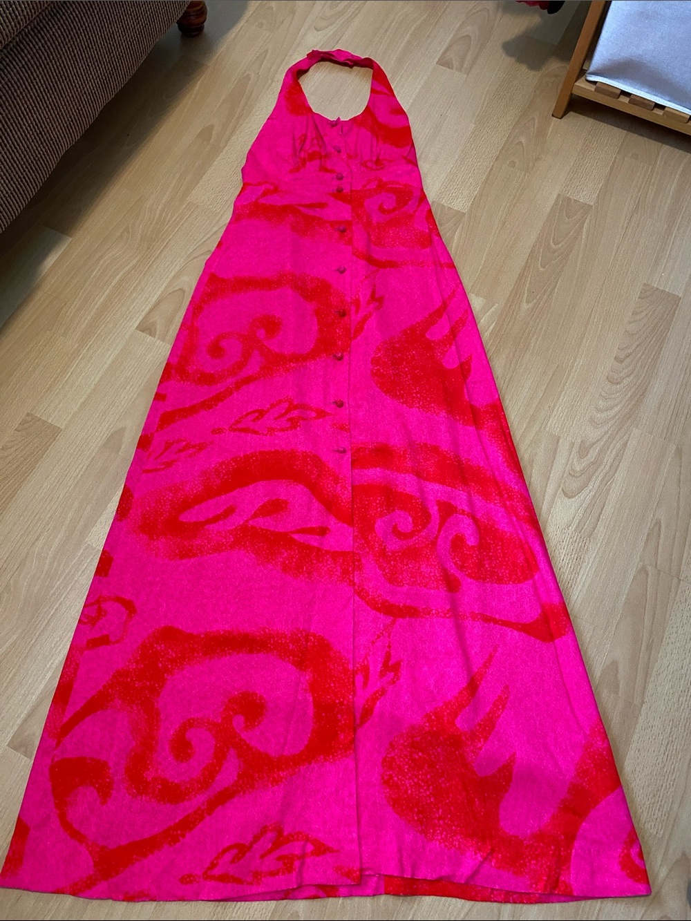Vintage 1970s Fumi’s Original Honolulu Halter Maxi Dress Hot Pink Pattern XS